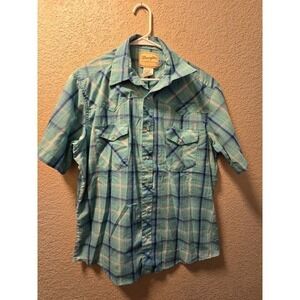 Wrangler Western Shirt Large Blue Plaid Pearl Snap Short Sleeve